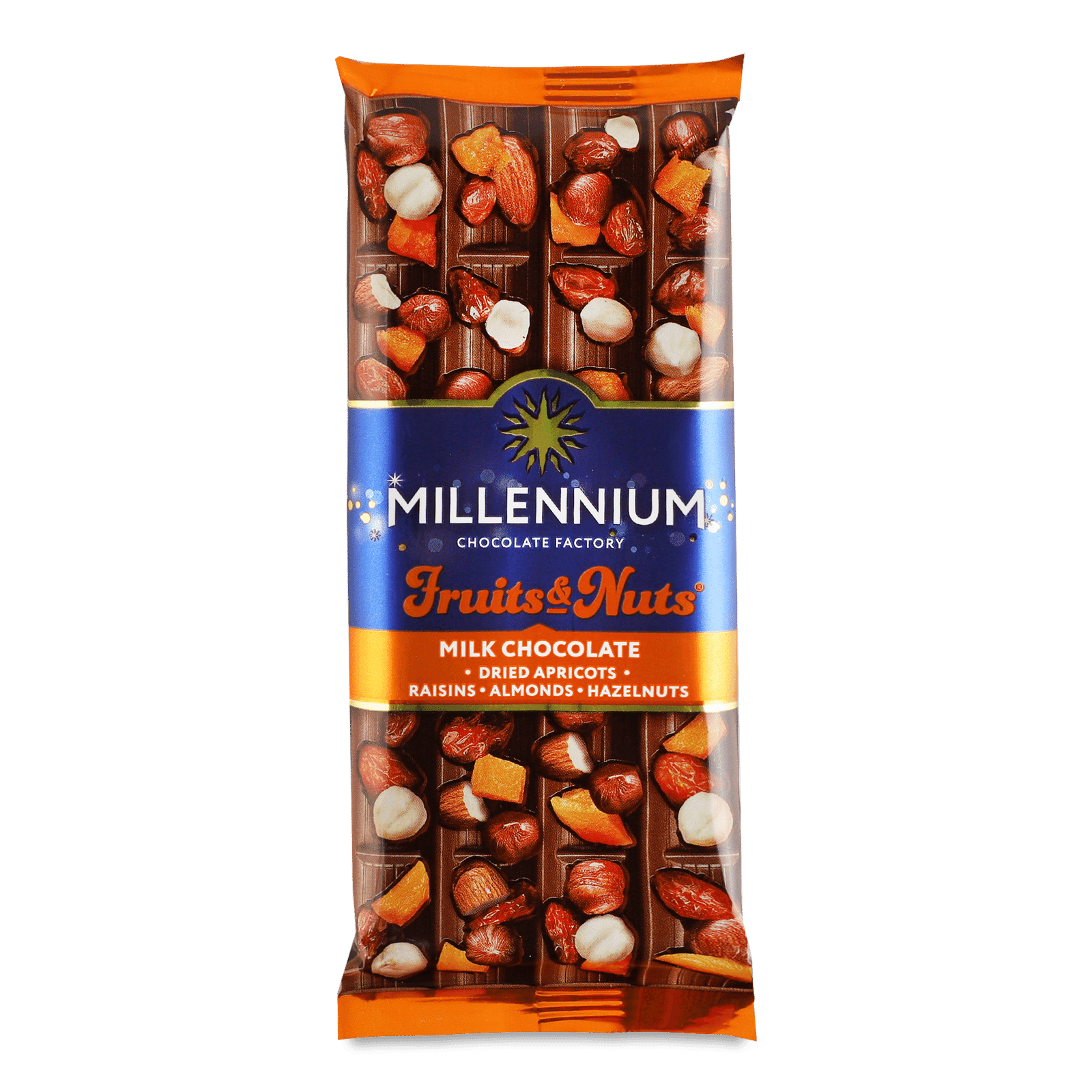 Шоколад молочний Millennium Fruits & Nuts мигдаль-лісовий горіх-курага-родзинки - 1