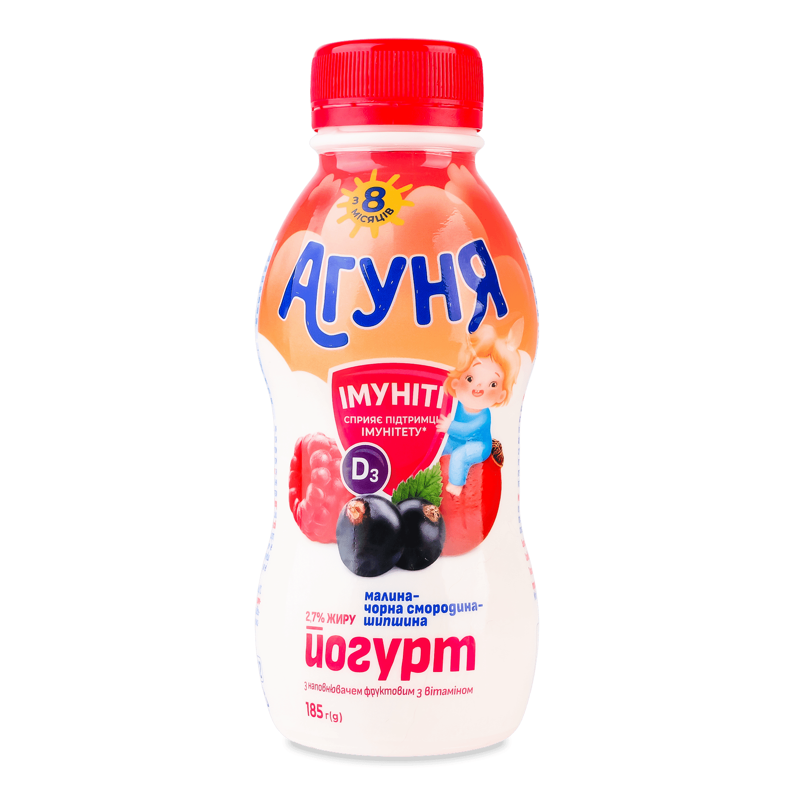 Йогурт «Агуня» малина-чорна смородина-шипшина 2,7%, пляшка - 1