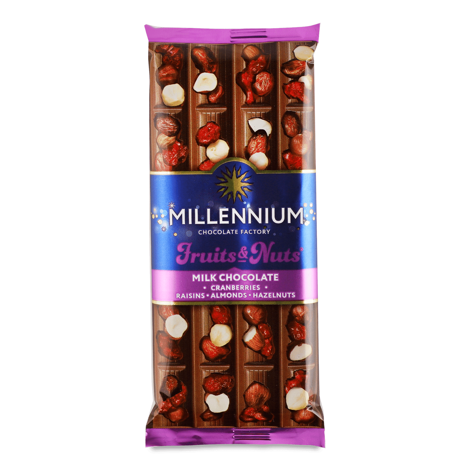 Шоколад молочний Millennium Fruits & Nuts мигдаль-лісовий горіх-журавлина-родзинки - 1