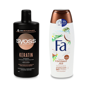 Разом дешевше Шампунь Syoss Keratin для ламкого волосся 440мл + Гель для душу Fa Coconut Milk 250мл